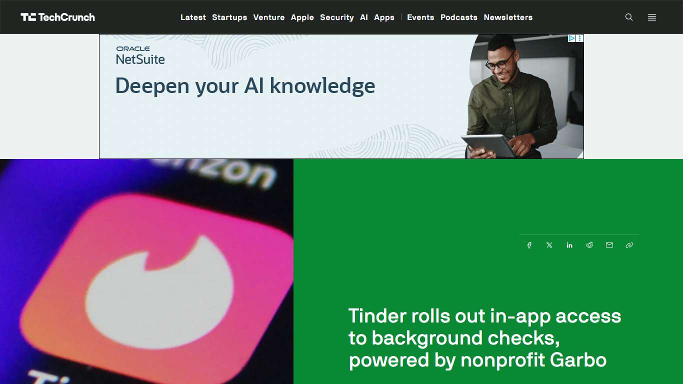 Tinder rolls out in-app access to background checks, powered by nonprofit Garbo | TechCrunch