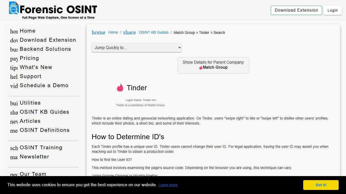 Forensic OSINT KB Article for Match Group > Tinder > Search